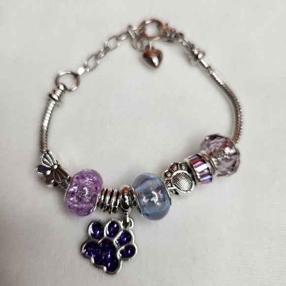 Purple Silver Beaded Silver Tone Animal Paw Glitter Charm Bracelet Clasp Closure - Picture 6 of 7